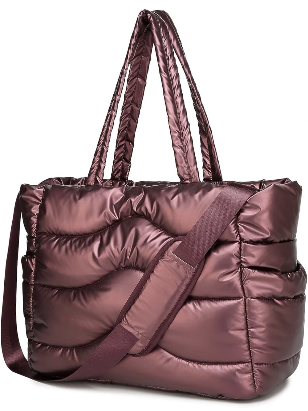 Quilted Puffer Tote Bag - Metallic Plum